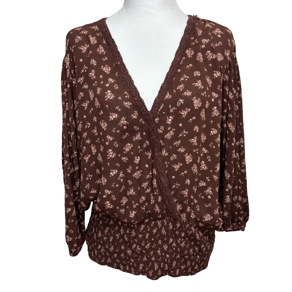 Maurices Boho Floral Blouse Brown Smocked Waist Surplice Neck‎ Cottagecore XXL